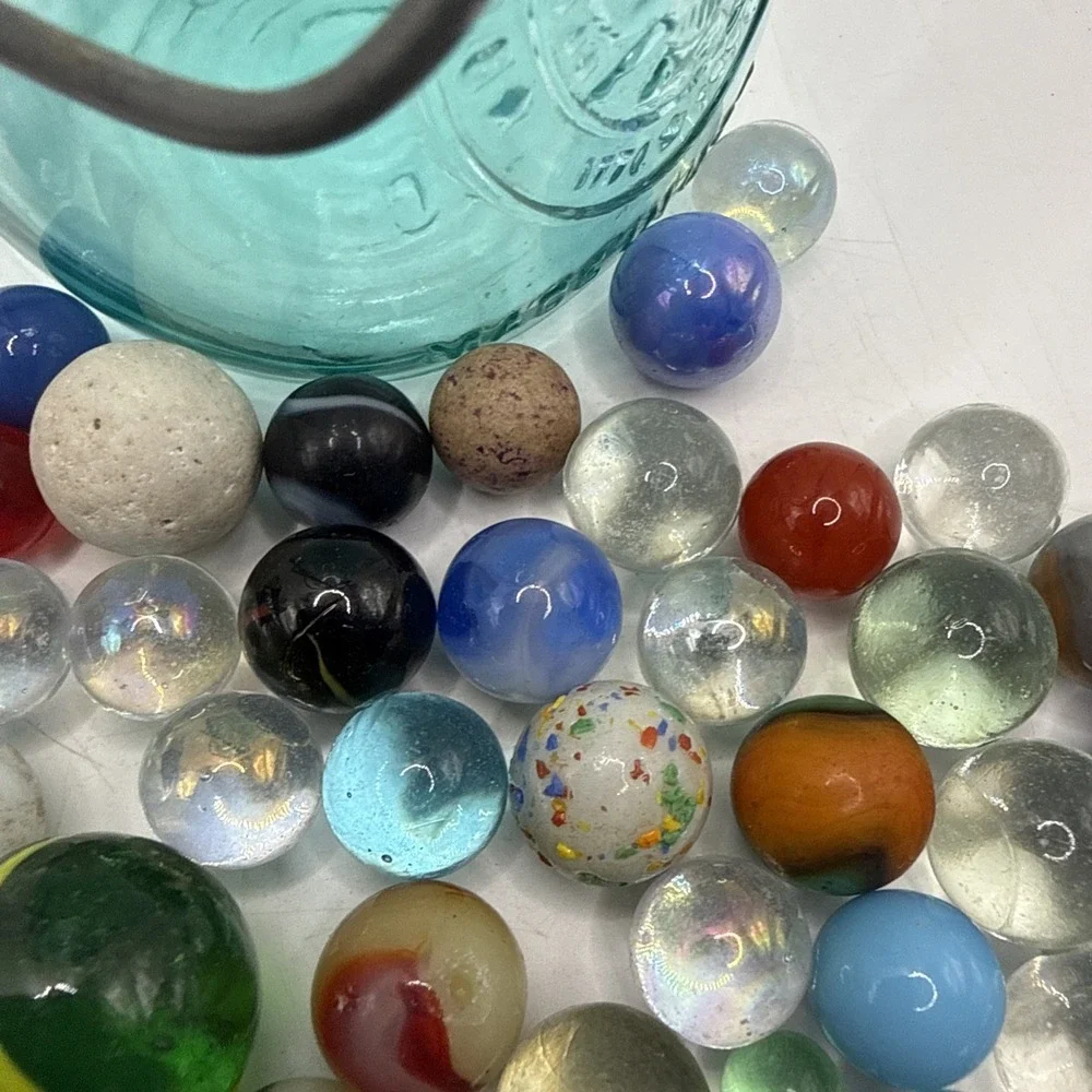 Lot Of Unique Vintage Marbles In Blue Mason Jar Some Glow- See Pics